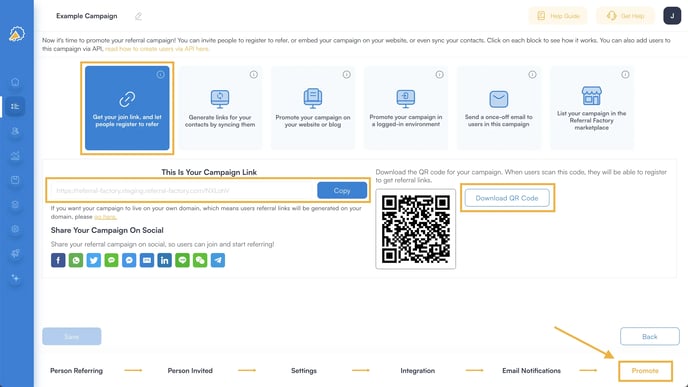 referral software - campaign-link-promote-tab-qr-code-referral-factory