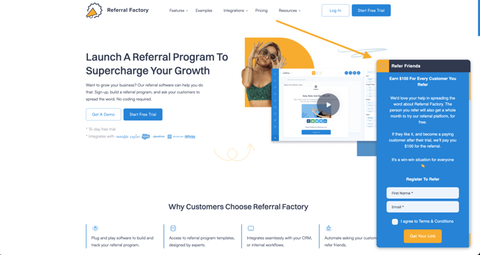 The Referral Factory logged out widget open on your website