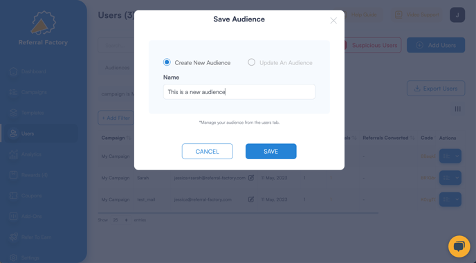 Save your audience or update an existing audience
