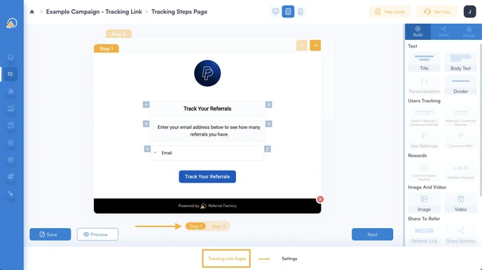 referral tracking software - tracking page step 1