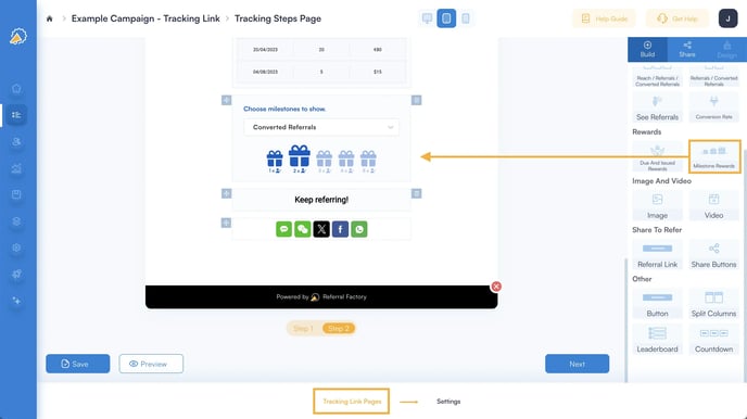 referral tracking software - tracking page step 2 - milestone rewards