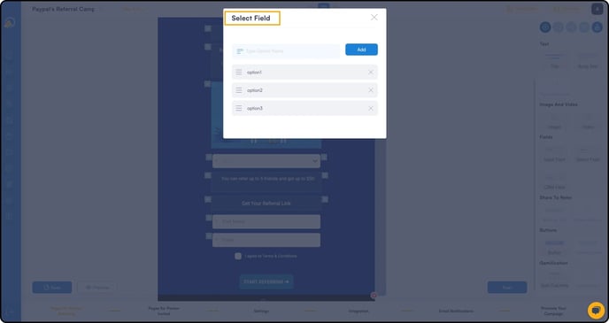 Screenshot showing that you can add select fields in your referral program