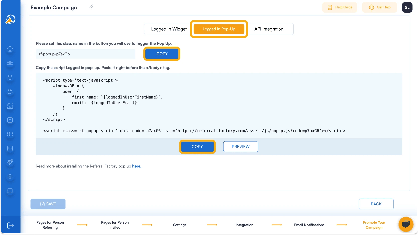 Screenshot showing how to get  the script for the logged in pop-up for your referral program.