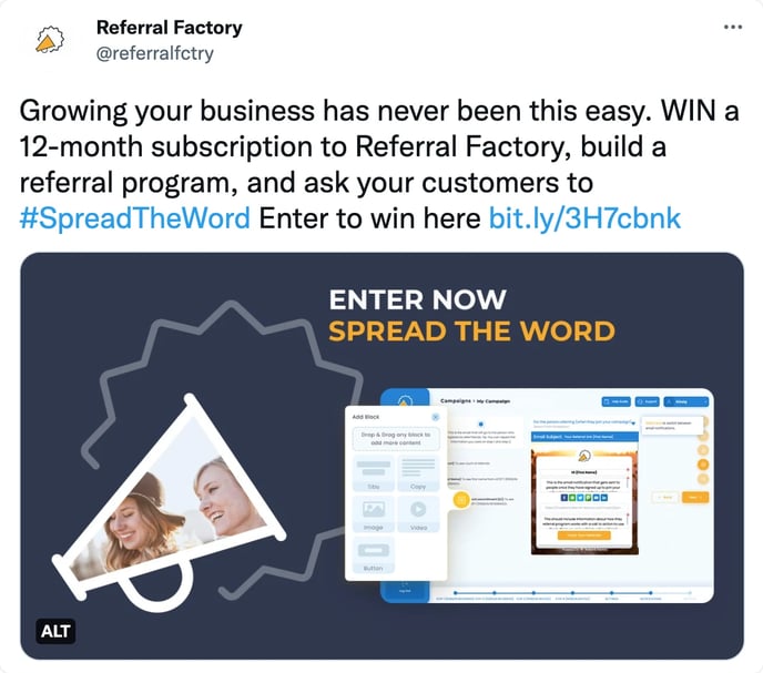 Screenshot showing an example of howReferral Factory promoted on Twitter through our own account.