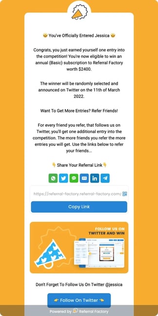 Screenshot showing  Refer-To-Win Twitter campaign that Referral Factory ran.  