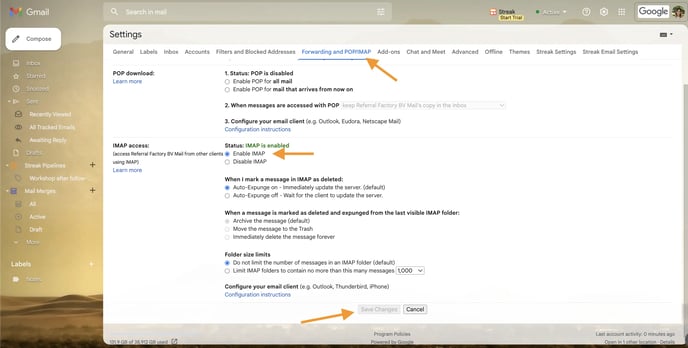 gmail settings for enabling your own mail server