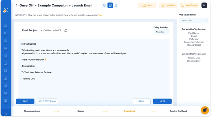 Screenshot showing that for your referral program software you can use Send simple text-only emails Example.