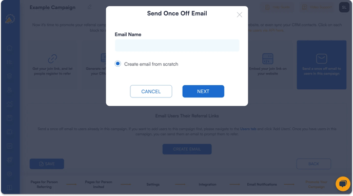 Screenshot showing that fir your referral program software you can create an email.