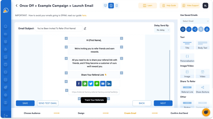 Screenshot showing that for your referral program software email you can Create a new design.