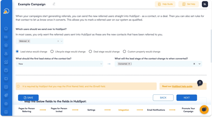 Screenshot showing that you can qualify your referral program software users by HubSpot.