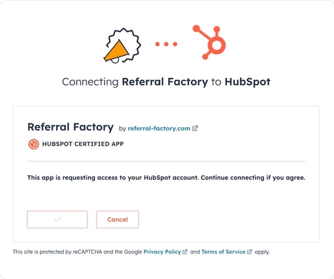 Screenshot showing that you are able to Connect your HubSpot Account with Referral Factory 