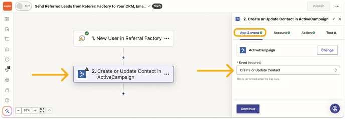 new-user-zap-zapier-referral-factory-send-referred-leads-select-action-app-and-event