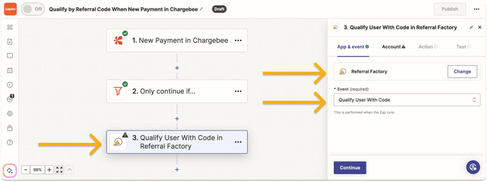 qualify-by-code-referral-factory-zapier-select-action-app-and-event-example-chargebee