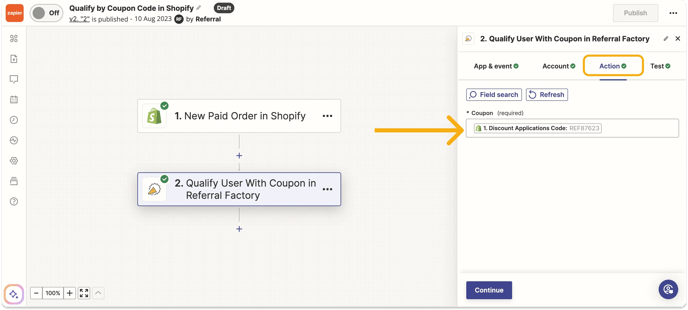 qualify-by-coupon-zapier-referral-factory-configure-action-map-field-coupon-example-shopify