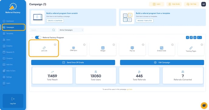 Screenshot showing Campaigns Tab where you can choose your referral program software.