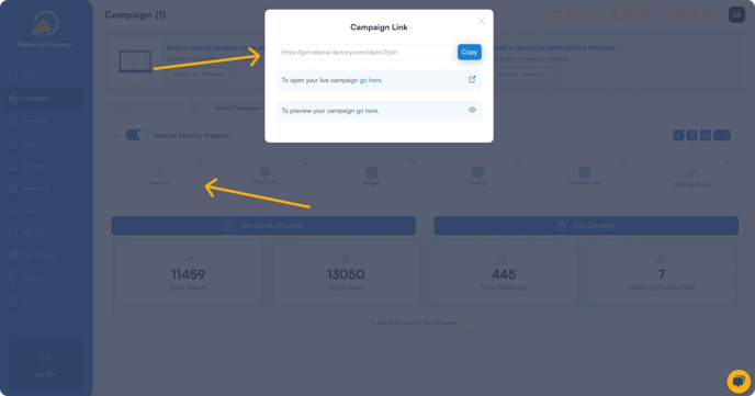 Screenshot showing Campaigns Tab where you can choose your referral program software and use campaign link.