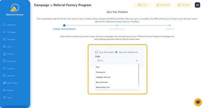 Screenshot showing that you can Sync your referral program software contacts straight from your CRM and select which contacts to add.