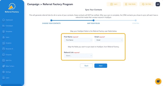 Screenshot showing that You can select which field you want the referral link to be assigned to your referral program software. 
