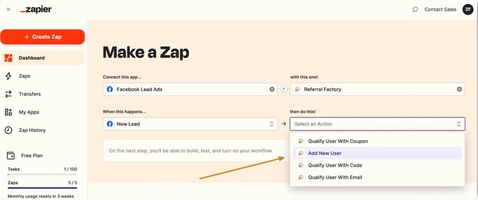 Screenshot showing that you can  add users to a referral program software campaign using Zapier