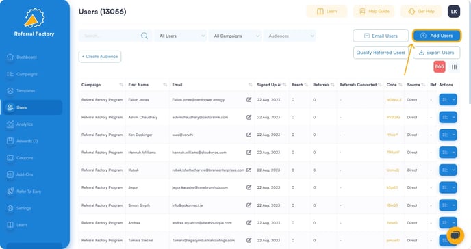 Screenshot showing that you can  Upload A list of your referral program software customers.