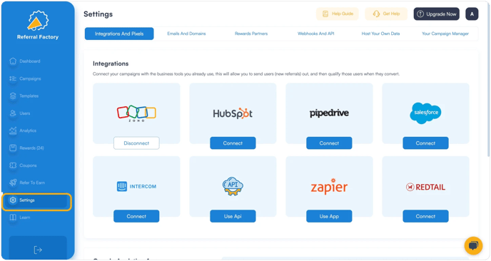 Screenshot showing that CRM for your referral program software was connected.
