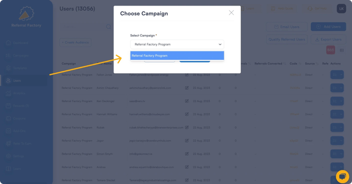 Screenshot showing that for uploading your referral program software users using CSV file ,need to choose in which campaign. 