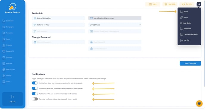 Screenshot showing that you can edit your Referral Factory Account Notifications.
