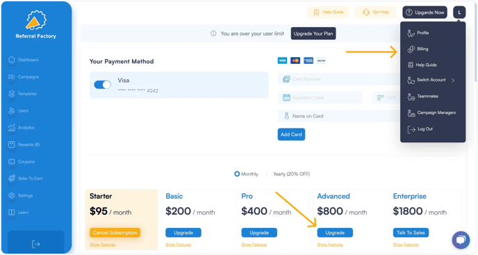 Screenshot showing  How To Cancel Or Pause Your Subscription inside Referral Factory