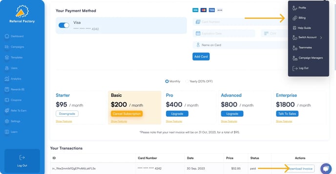 Screenshot showing how downlkoad your referral program software program software account invoice.