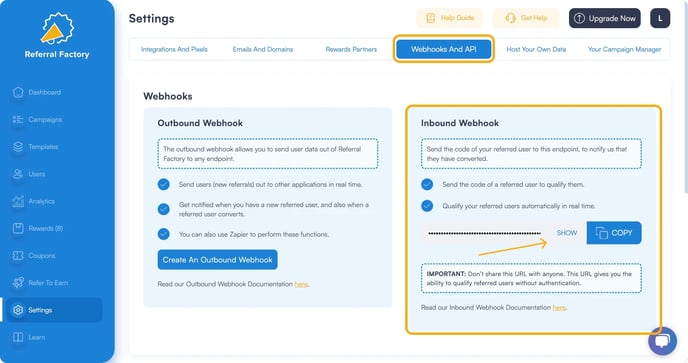 Screenshot showing that you can qualify your referral program software user using unique code.