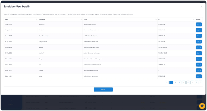 Screenshot showing that Referral Factory allows to manage your suspicious users from your referral program.