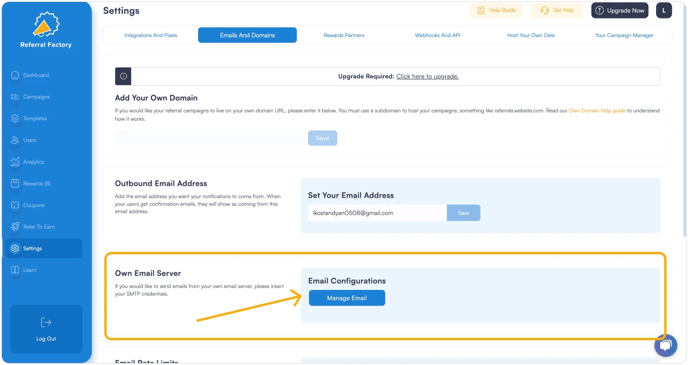 Screenshot showing that Referral Factory allows manage your email.