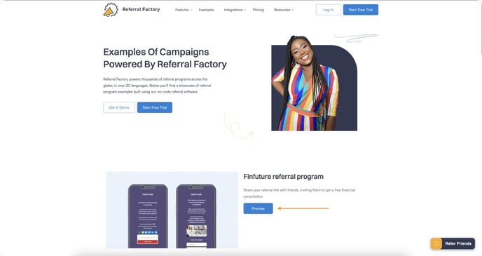 Screenshot showing that Referral Factory allowing embed your referral program on a landing page.