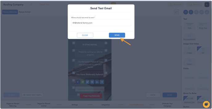 Screenshot showing that Referral Factory allows to send test mail from your referral program software.