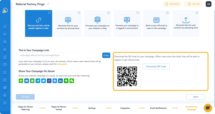 Screenshot showing QR code for your Referral Program