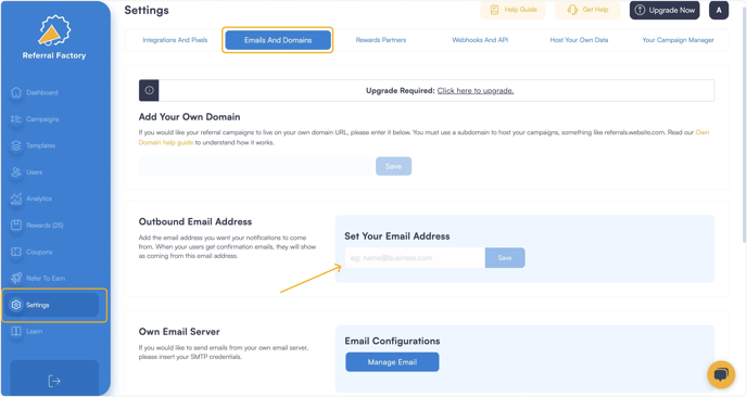 Screenshot showing that you can manage your email address for your referral program software