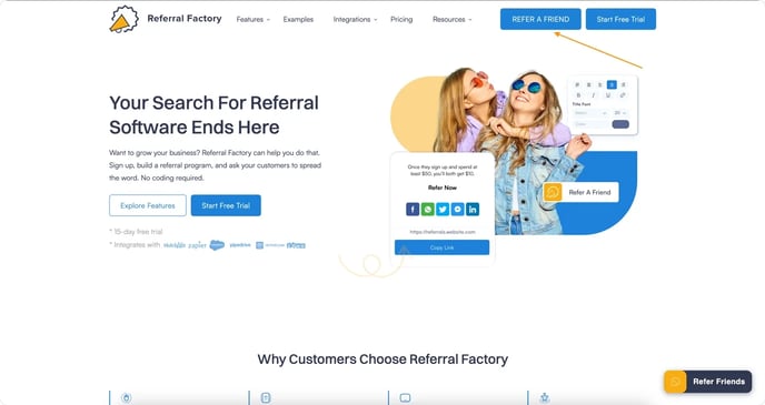 Screenshot showing that Referral Factory allows you to add a button to your website.