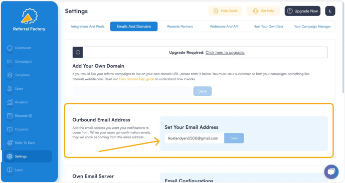 Screenshot showing that Referral Factory allows to set your outbound email address.
