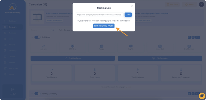 Screenshot showing that you can edit Tracking Pages for your referral program software.