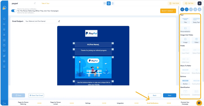 Screenshot showing how ton set up email notification in your referral program software.