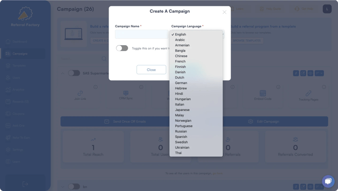 Screenshot that showing that Referral Factory allows to create campaign in multiple languages.