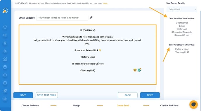 Screenshot showing that you can also see what dynamic variables are available to you to personalize your referral program software text emails.