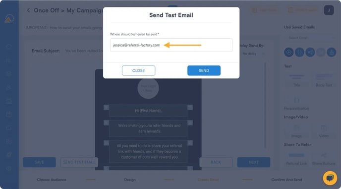 Screenshot showing that You can also send a test email to yourself before you send it to your referral program software audience.
