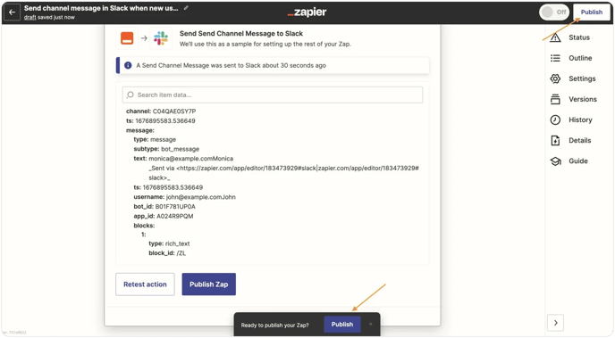 Screenshot showing that you can publish the Zap for your referral program software.