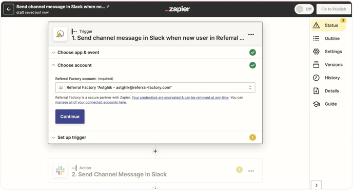 Screenshot showing how connect your Referral Factory account to Slack. 