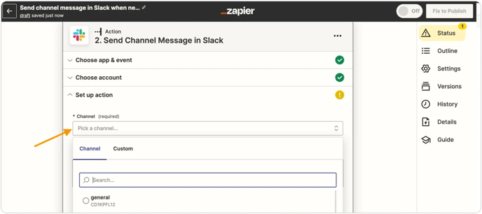 Screenshot showing how select the Slack channel you want the data to be sent to. 