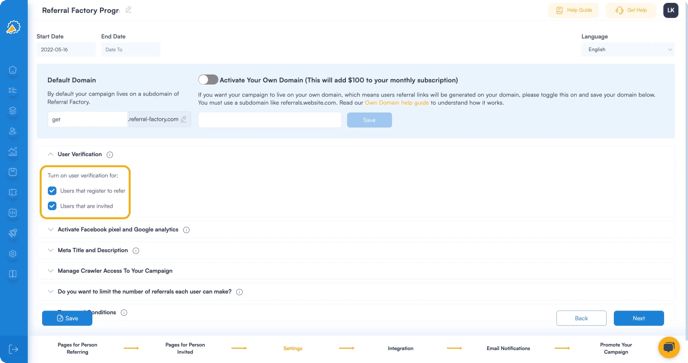 Screenshot showing Enabling user verification in your referral program software.