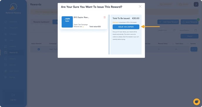 Screenshot showing that Referral Factory allows issue  reward user  from your referral program software