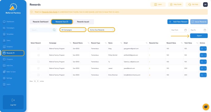 Screenshot showing that you can export your Referral Program Reward users.