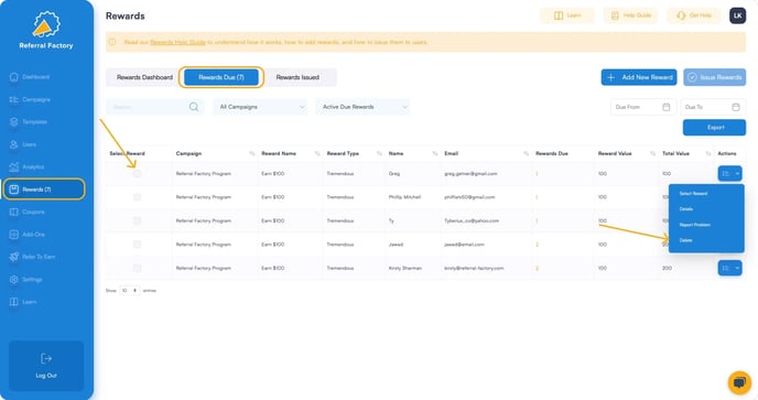 Screenshot showing that Referral Factory allows delete a reward for your referral program software